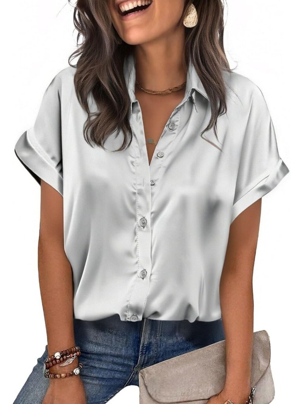 Women's Silver/Grey Satin Silk Blouse Short Sleeve Button Down Collared Shirt